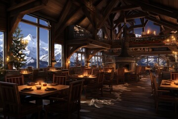Fototapeta na wymiar restaurant chalet wooden interior design at mountain ski resort
