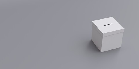 White election ballot box miniature with a slot isolated on grey background. Copy space. 3d render