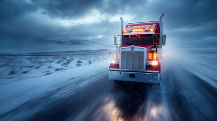 Transportation logistics against winter's wrath, a red truck navigates snowy roads, a beacon of the unstoppable nature of cargo delivery and supply chain operations