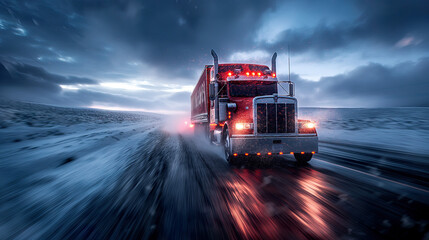 Transportation logistics shines as a red truck confronts a snowstorm head-on, symbolizing steadfast cargo transportation in inclement weather