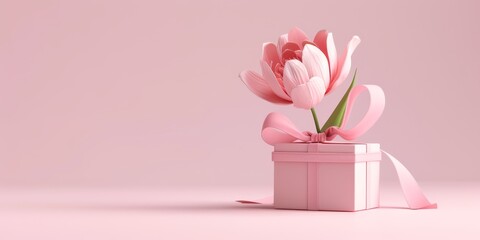Gift box with ribbon and flowers. Minimalistic banner with free space. Generative AI