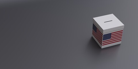 USA election, flag on white ballot box on empty grey background. Above view, copy space. 3d render