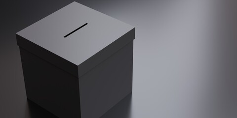 Black election ballot box with a slot on grey background, copy space, close up above view. 3d render