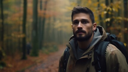 Obraz premium Caucasian young adult man lost in forest at autumn day, horror vibes. Lost male hiker, searching for the path, looking for the exit from the woods