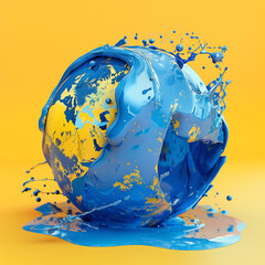 a blue and yellow background covered in a globe in th