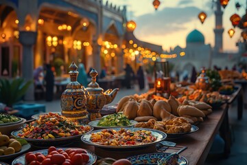 A table filled with numerous plates of food, showcasing a variety of dishes for a festive occasion or celebration. - obrazy, fototapety, plakaty