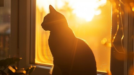 A sleek black cat perched on a windowsill, silhouetted against the setting sun, its fur glistening...