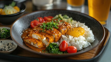 A plate of food featuring a combination of rice, meat, and vegetables, topped with a flavorful spicy sauce.
