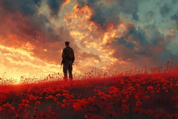 A man stands in a field filled with vibrant red flowers.