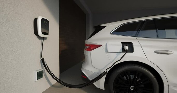 Home charging station provides an eco-friendly sustainable power supply for generic EV cars. Progressive concept for future green energy storage for electric vehicles. 3D animation