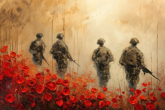 A painting depicting soldiers in a field of poppies, symbolizing patriotism and the memory of international military efforts.