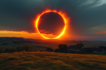 A spectacular lunar eclipse, the sun hides behind the giant moon.