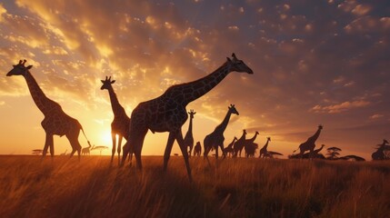 Fototapeta na wymiar Serene Sunset Encounter with Graceful Giraffes AI Generated.