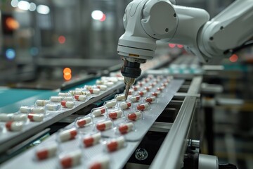 A robotic arm efficiently inserts pills into a blister on a factory assembly line. - obrazy, fototapety, plakaty