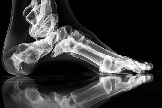 A medical x-ray style black and white photograph of a human foot.
