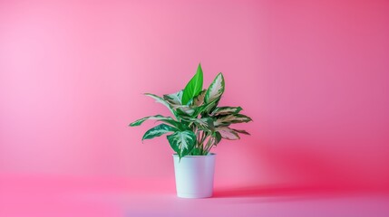 Lush Chinese Evergreen (Aglaonema) in Pot Against Vibrant Pink Backdrop