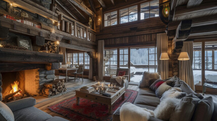 Obraz na płótnie Canvas Tucked away in the mountains this alpine chalet invites you to warm up by the fire and relax in its traditional yet elegant interior design.