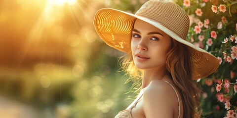 Beautiful woman Wearing hat exploring the outdoors during a floral spring afternoon. Sunny day with flowers in bloom.  - obrazy, fototapety, plakaty