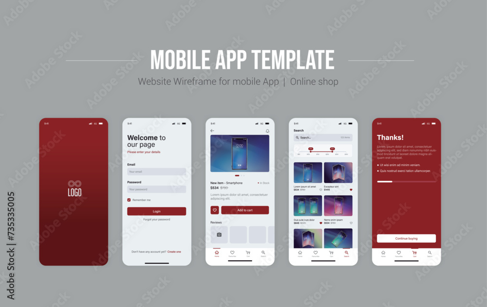 Poster smartphone ui app. phone screens for shop application. mobile interface with account login and shopp