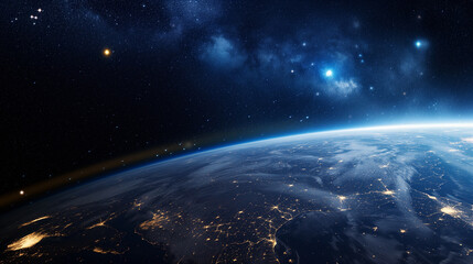 Earth from space showing the detail of the atmosphere and city lights.