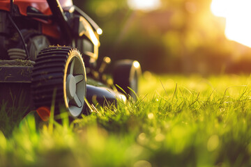 Lawn mower cutting grass in the garden. Gardening background - obrazy, fototapety, plakaty