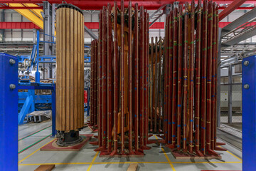 Assembly of transformer core in the factory workshop.