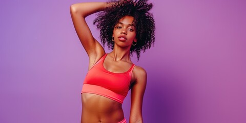 Obraz premium Fit young woman wearing tank top and shorts, posing on solid purple background
