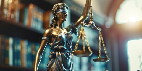 Justice Embodied. Lady Justice Statue with Scales of Justice, Symbolizing Legal Integrity and Fairness. - obrazy, fototapety, plakaty
