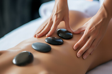 Close-up of a woman having a hot stone massage in spa salon