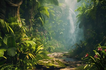 Fototapeta na wymiar A serene waterfall cascades gently into a crystal-clear pool within the dense greenery of a sunlit tropical rainforest, inviting a sense of peace and natural beauty. Resplendent.