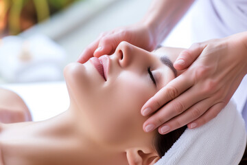 Relaxed young woman getting facial massage in spa salon. Beauty treatment concept