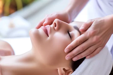 Cercles muraux Spa Relaxed young woman getting facial massage in spa salon. Beauty treatment concept