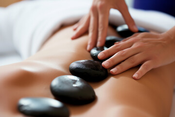 Obraz na płótnie Canvas Close-up of a woman having a hot stone massage in spa salon