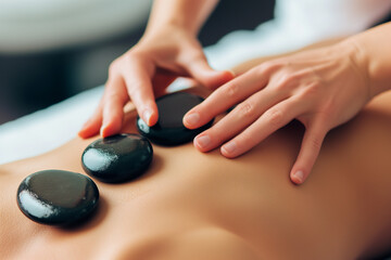 Close-up of a woman having a hot stone massage in spa salon