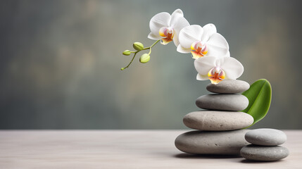 White orchid and zen stones on grey background with copy space