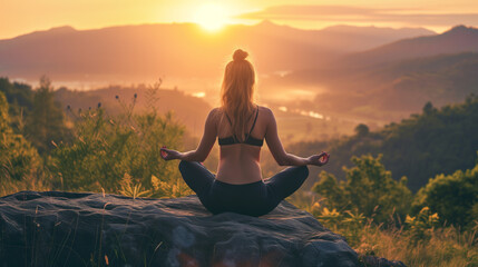 Young woman meditating in lotus position on mountain peak at sunrise