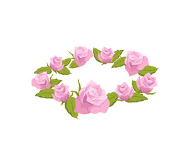Wreath of pink flowers template. Wedding circle roses with green leaves for natural decoration with vector holidays greeting