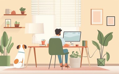 A dog sitting by the side of a remote worker at a minimalist work desk.Flat illustration. Pet Companion