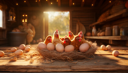 rustic eggs on a wooden table with a farm background. natural production.