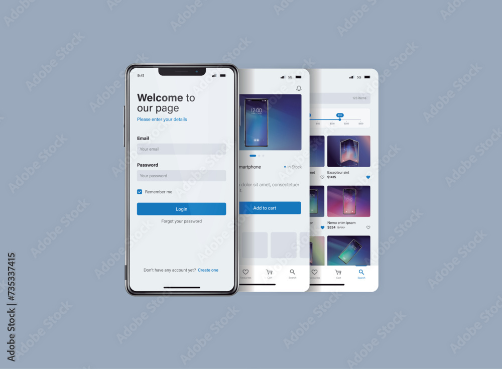 Poster smartphone ui app. phone screens for shop application. mobile interface with account login and shopp