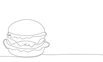 Burger one line continuous line. Line art cheeseburger outline banner in minimal style. Hand drawn vector art.
