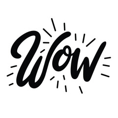 WOW inscription. Handwriting text banner WOW in black color square composition. Hand drawn vector art.