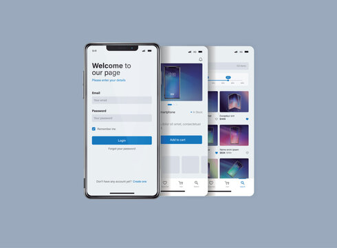 Smartphone UI app. Phone screens for shop application. Mobile interface with account login and shopping cart. Screenshots responsive website mockups.