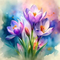 Watercolor illustration of crocuses. This illustration is suitable for the design of notebooks, calendars, and tote bags.