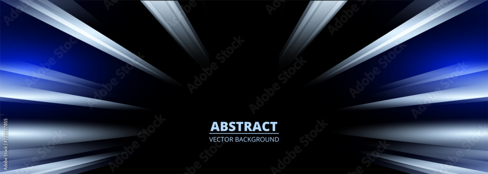 Poster Fast movement speed lights abstract background with motion effect blue and white lines. Dark wide futuristic banner. Vector illustration