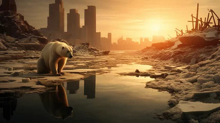 Fotobehang Polar Bear and Melting Ice, Global Warming Concept. © dekzer_ai