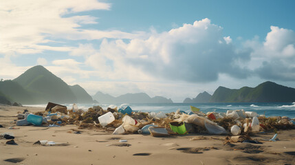 Fototapeta premium Pile of garbage on the beach. Beach trash.