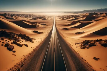 Tuinposter a straight asphalt road cutting through the heart of a vast desert landscape © Meeza