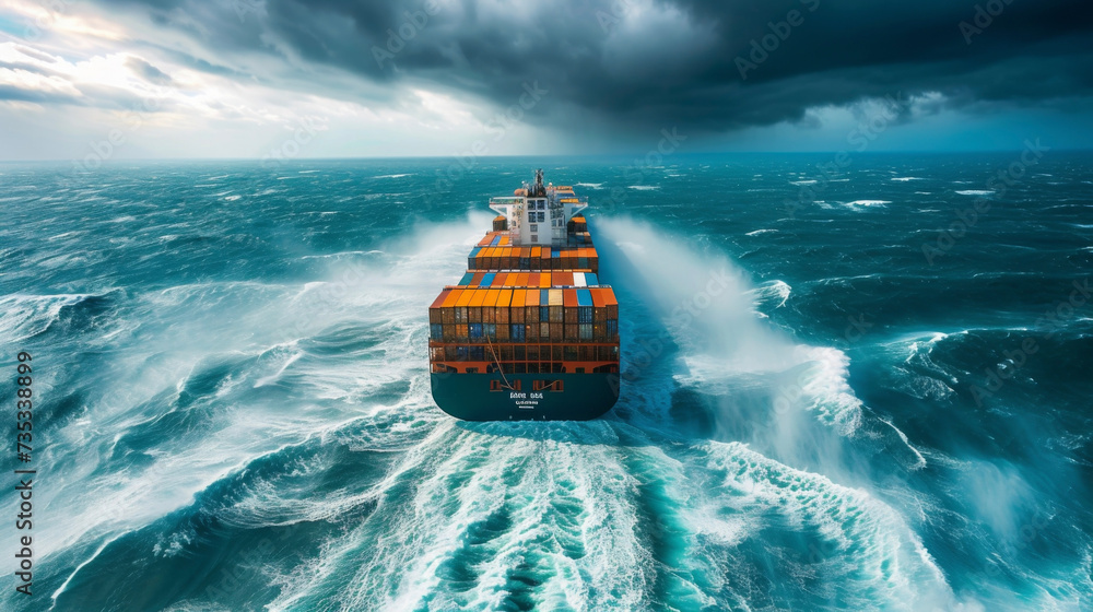 Poster container ships navigating through rough seas highlighting the challenges and risks faced by compani