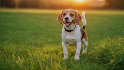 Beagle dog, dog at dawn, purebred dog in nature, happy dog, beautiful dog